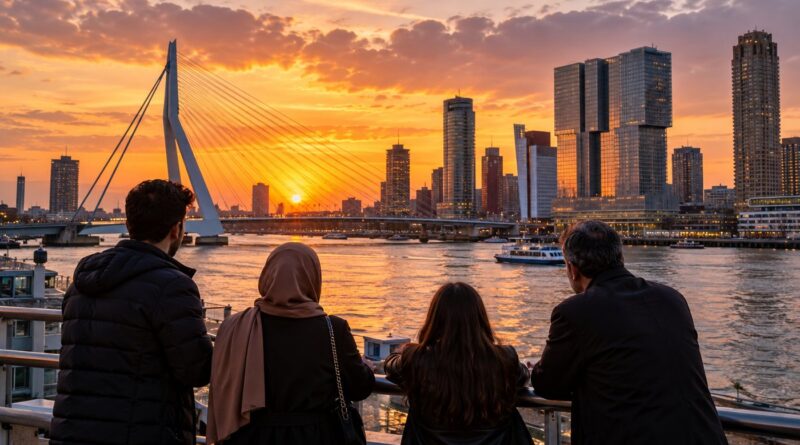 Rotterdam’da Erasmus Köprüsü ve şehir manzarasını izleyen insanlar