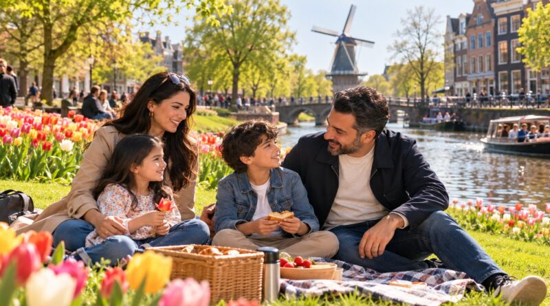Hollanda’da lale bahçesi yanında piknik yapan mutlu bir aile